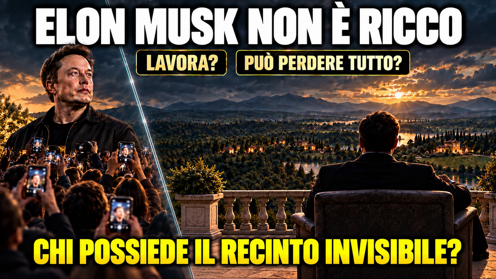 Elon Musk non è ricco: la folla fotografa, un uomo seduto guarda il suo territorio recintato