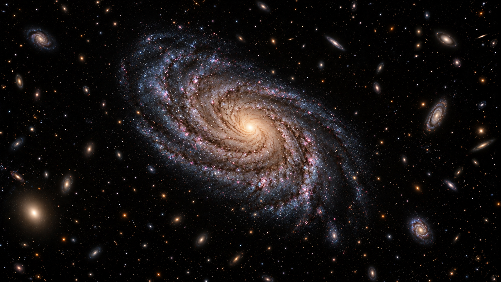 Galassia a spirale dai bracci azzurri e galassie lontane