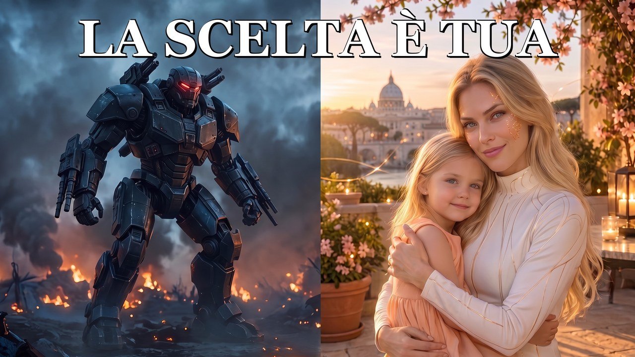 A sinistra un robot da guerra nero fra fumo e fuoco; a destra Sasha con la piccola Gemma in braccio su una terrazza di Roma all’alba; sopra, la scritta La scelta è tua