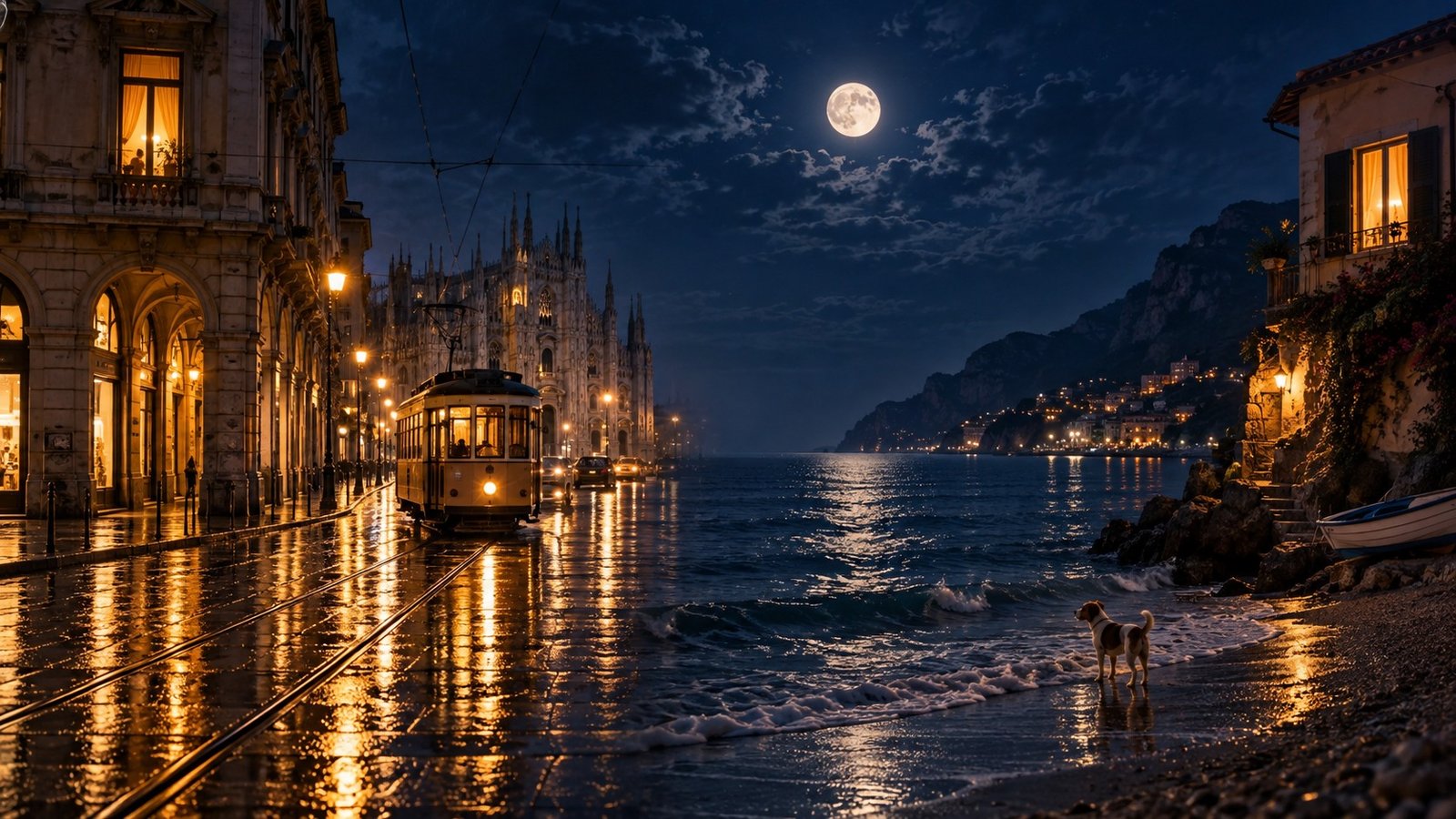 Milano di notte sotto la pioggia e una riva del mare, unite dalla stessa luna