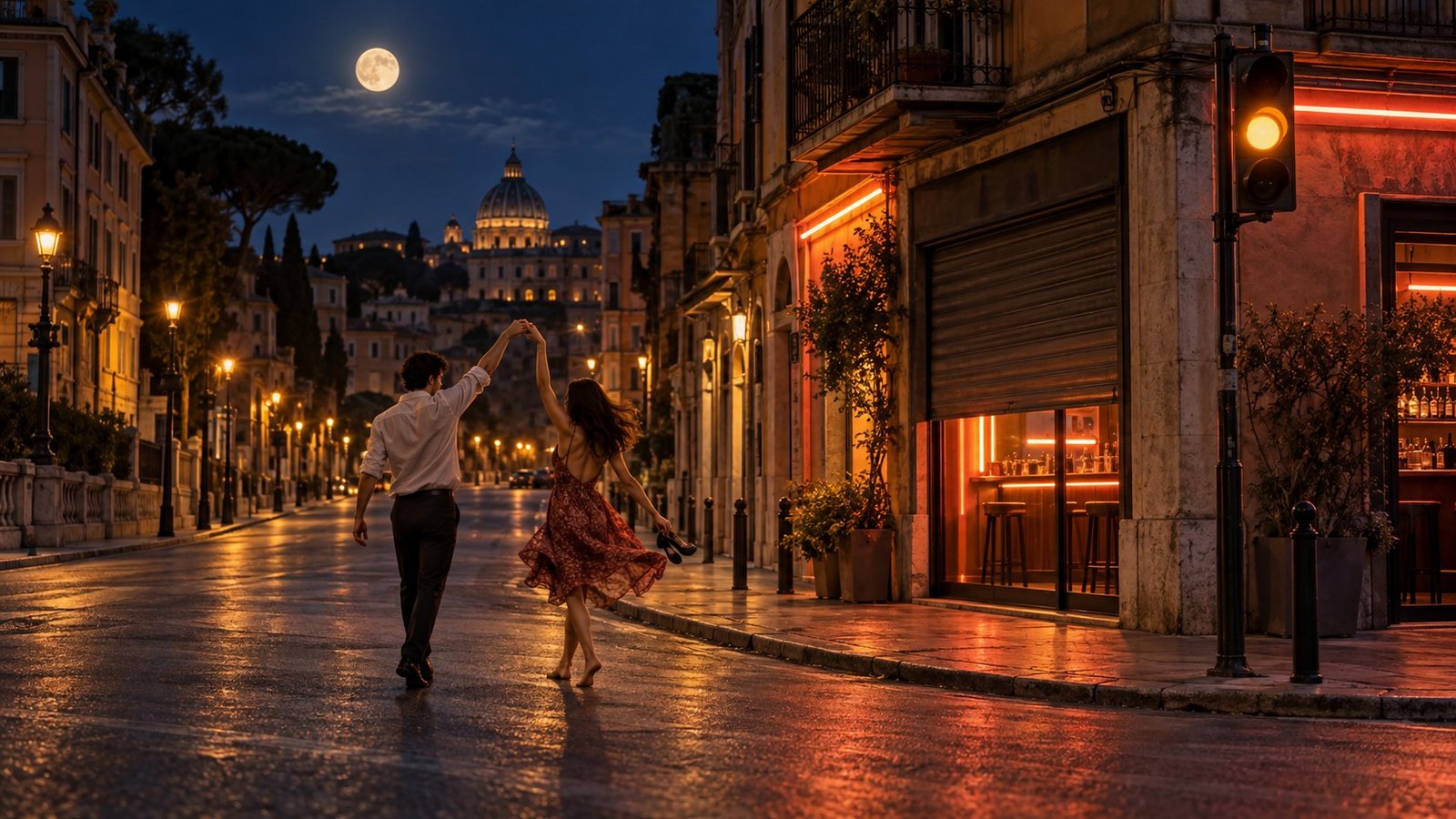 Due giovani ballano in mezzo alla strada di notte, sotto la luna e un semaforo giallo