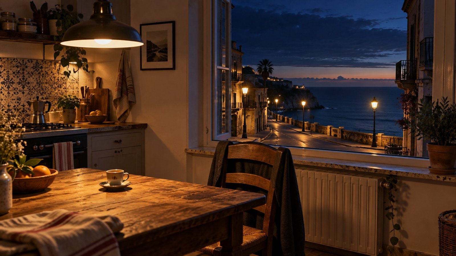 Una cucina di notte con una tazzina sul tavolo e, dalla finestra, il mare che schiarisce